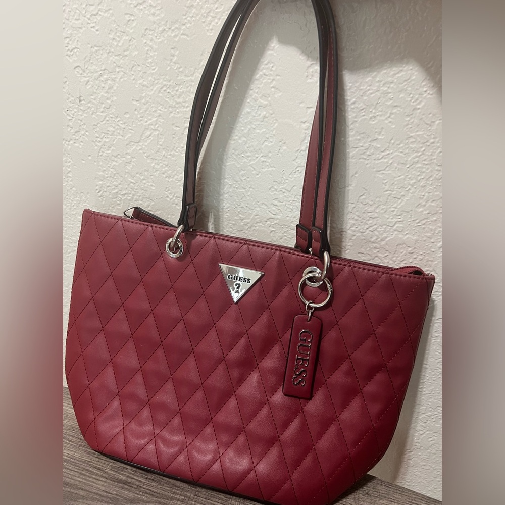 Guess Burgundy Quilted Tote Bag